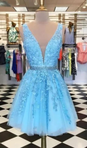 Knee Length Light Blue Homecoming Dress with Pocket – daisystyledress