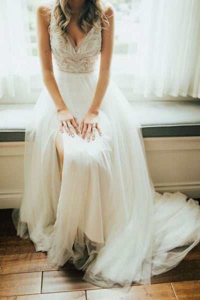 A line V-neck Crepe Wedding Dress – daisystyledress