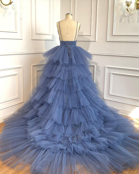 Blue Tulle Layers Straps Beaded Long Formal Dress, Beautiful A-Line Pr