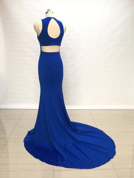 Halter Neckline Slit Royal Blue Fitted Pageant Dress