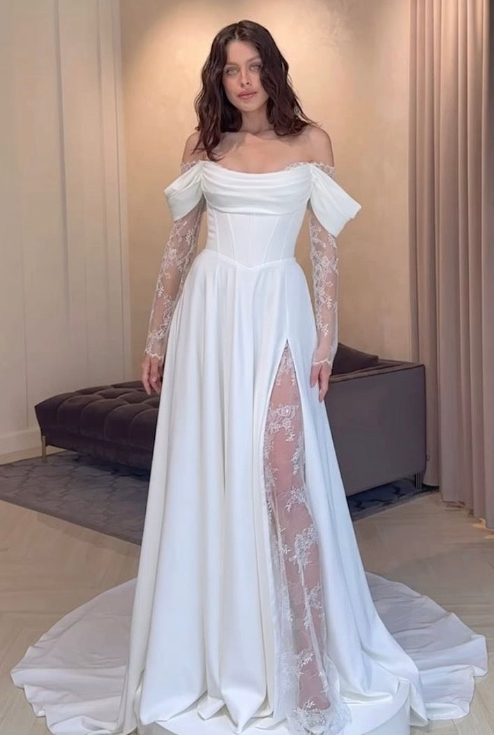 Off shoulder sleeve wedding dress