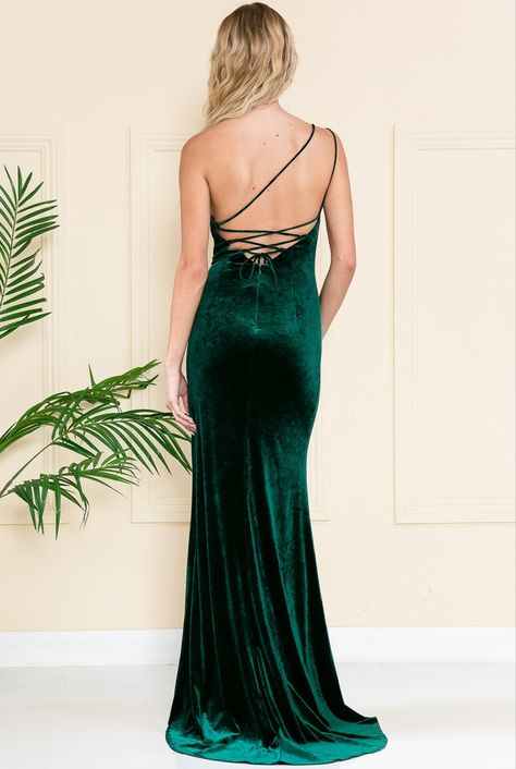 One Shoulder Green Velvet Prom Dress