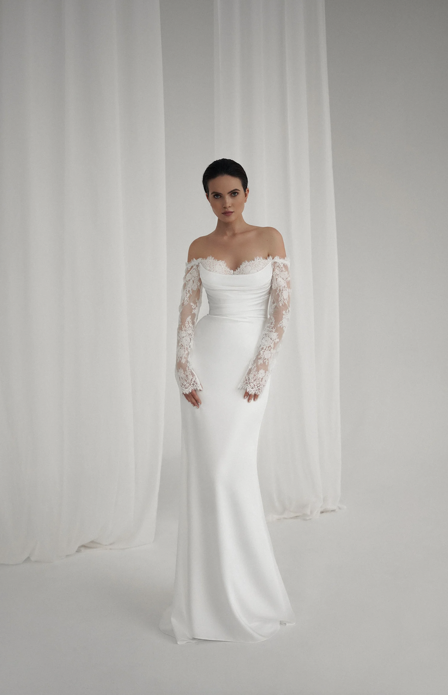 Sheer Long Lace Sleeve Crepe Wedding Dress