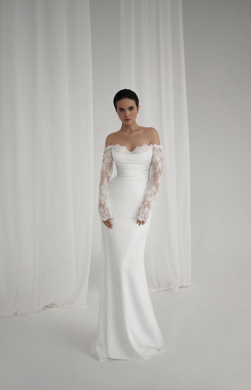 Sheer Long Lace Sleeve Crepe Wedding Dress