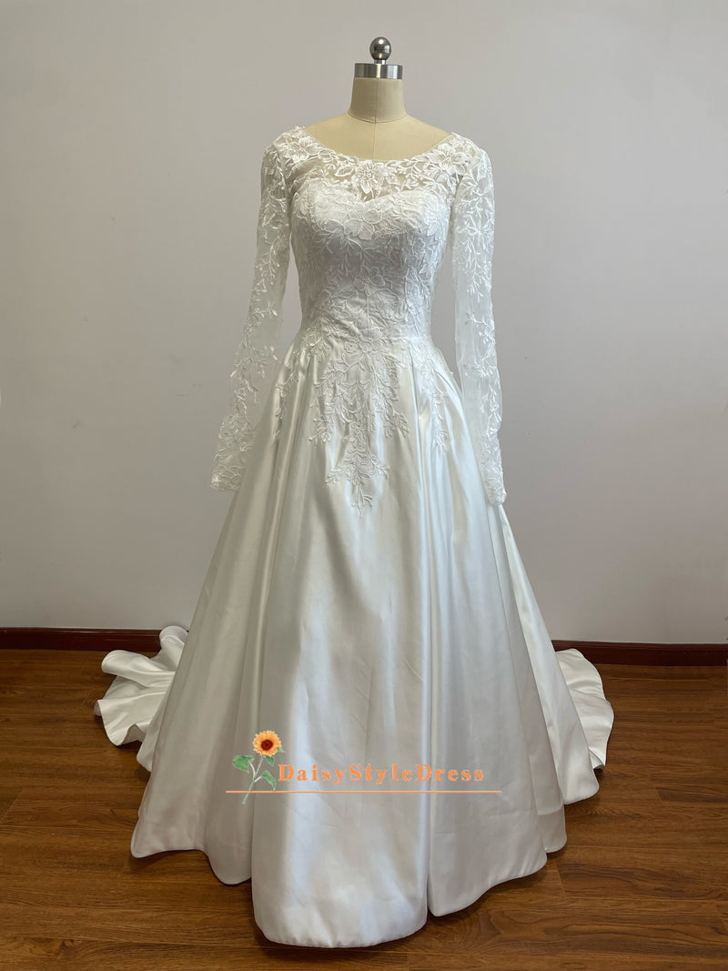 Long Sleeve Lace Ivory Satin Wedding Dress