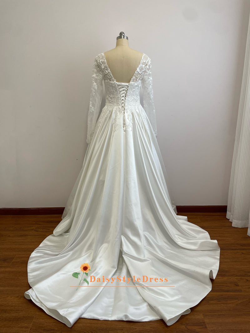 Long Sleeve Lace Ivory Satin Wedding Dress