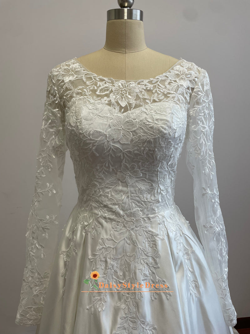 Long Sleeve Lace Ivory Satin Wedding Dress