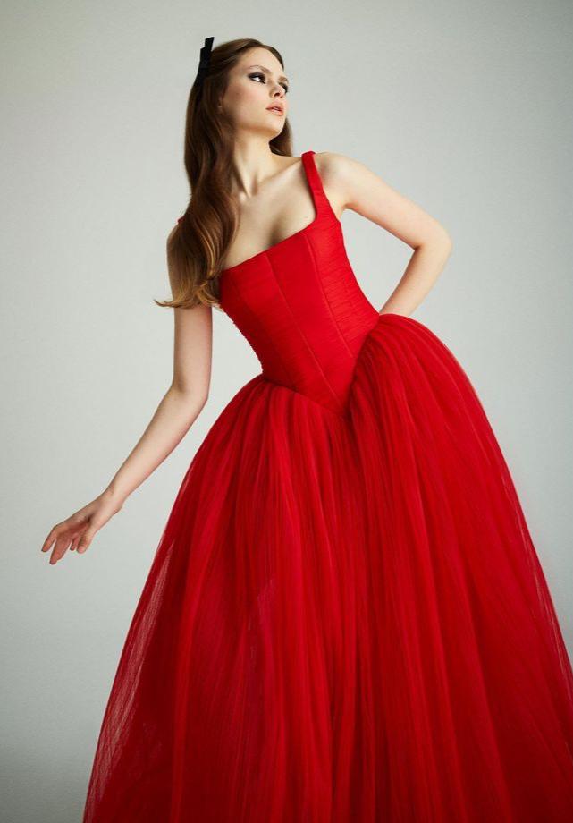 red mesh prom dress