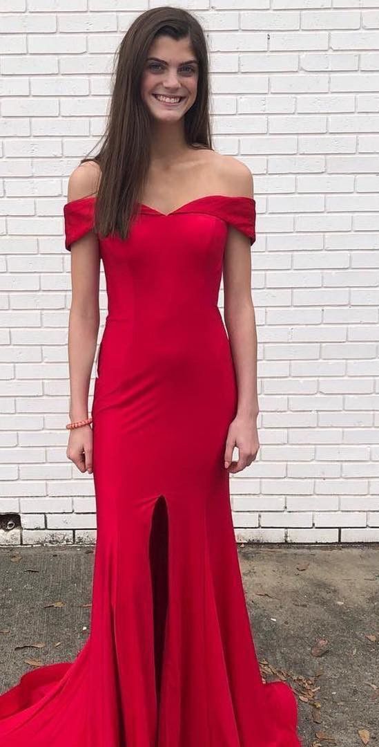 A line Off Shoulder Sleeves Red Slit Evening Party Dress - daisystyledress