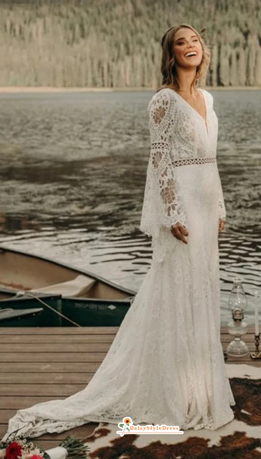 Two Piece Long Sleeve Lace Informal Boho Wedding Dress – daisystyledress