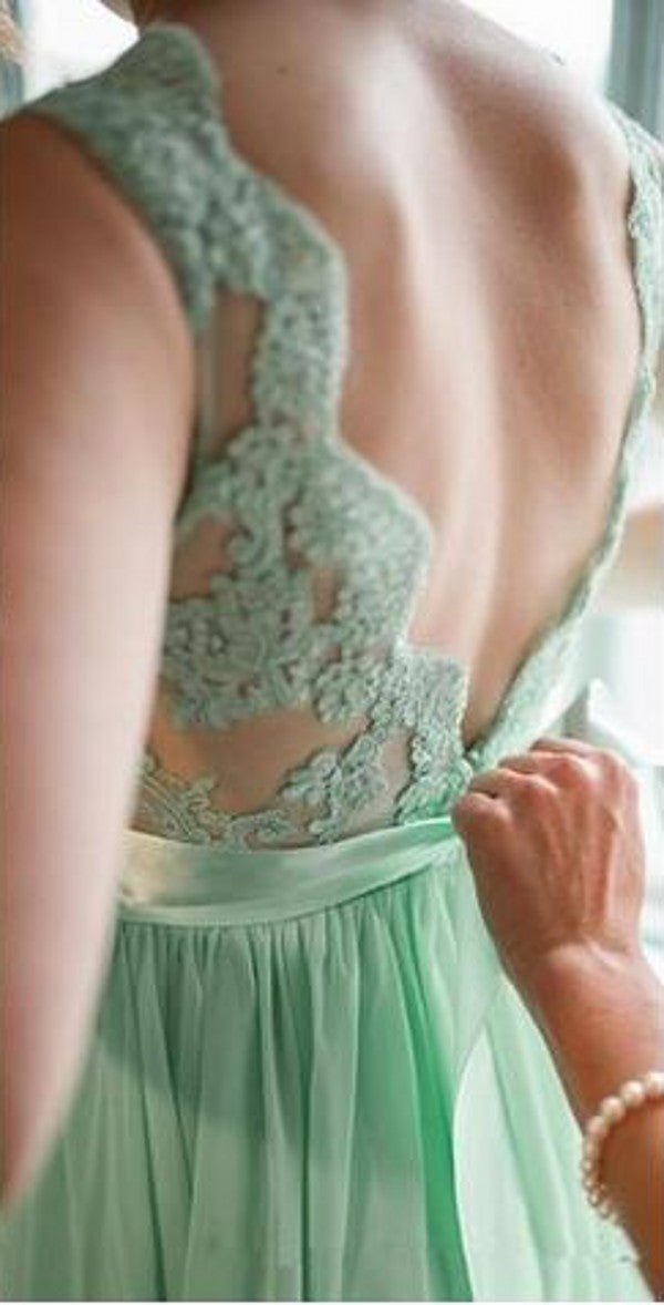 Long V-back Mint Green Lace Bridesmaid Dress – daisystyledress
