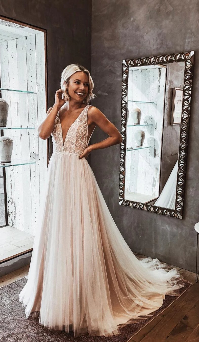 Light Champagne Lace and Tulle Boho Wedding Dress