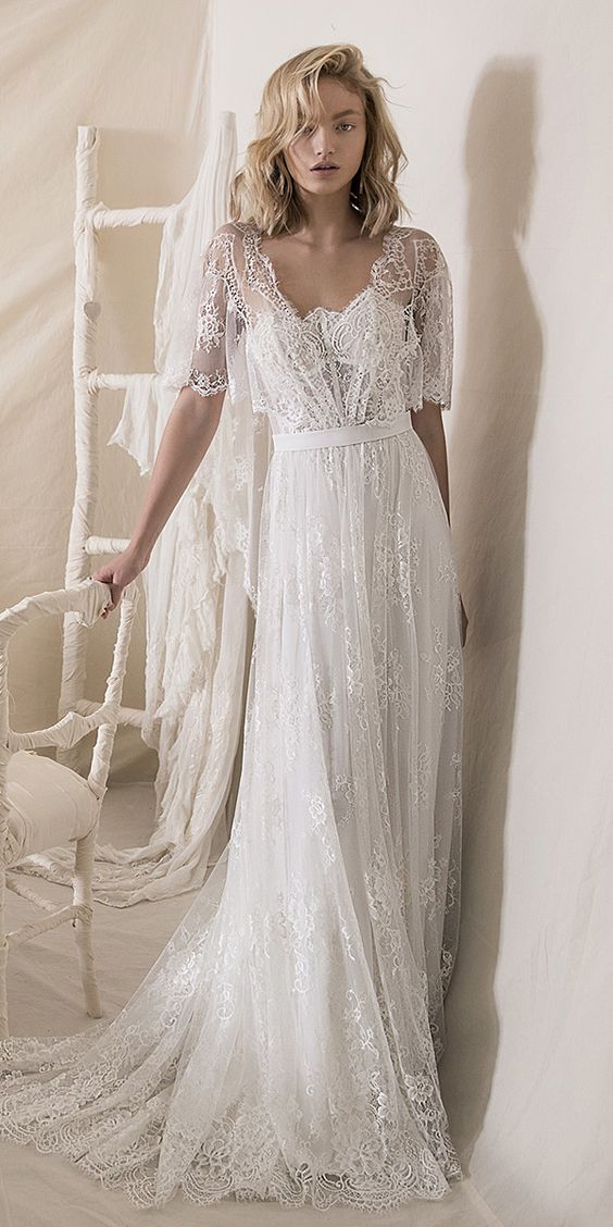 A line Spaghetti Straps Lace Informal Boho Wedding Dress – daisystyledress