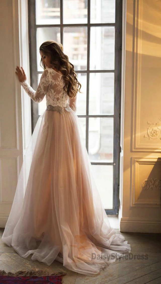 Lace Formal Bridal Gown Blush Tulle Long Sleeves Wedding Dress