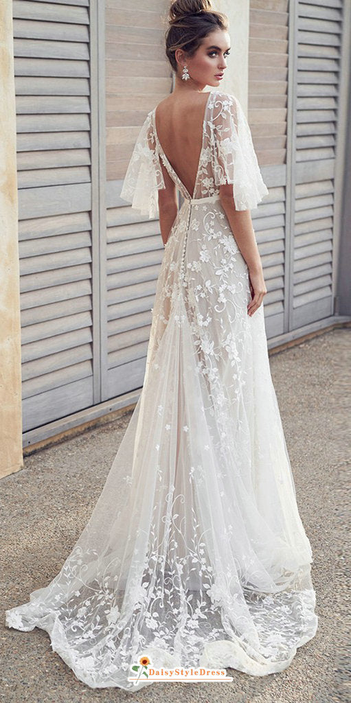 Deep V-back Lace Summer Wedding Dress