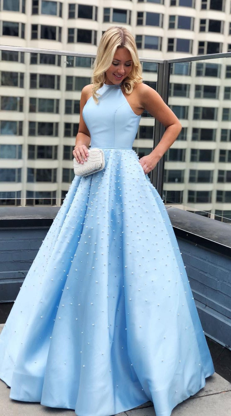 Fashion Halter Neck Light Blue Prom Dress – daisystyledress
