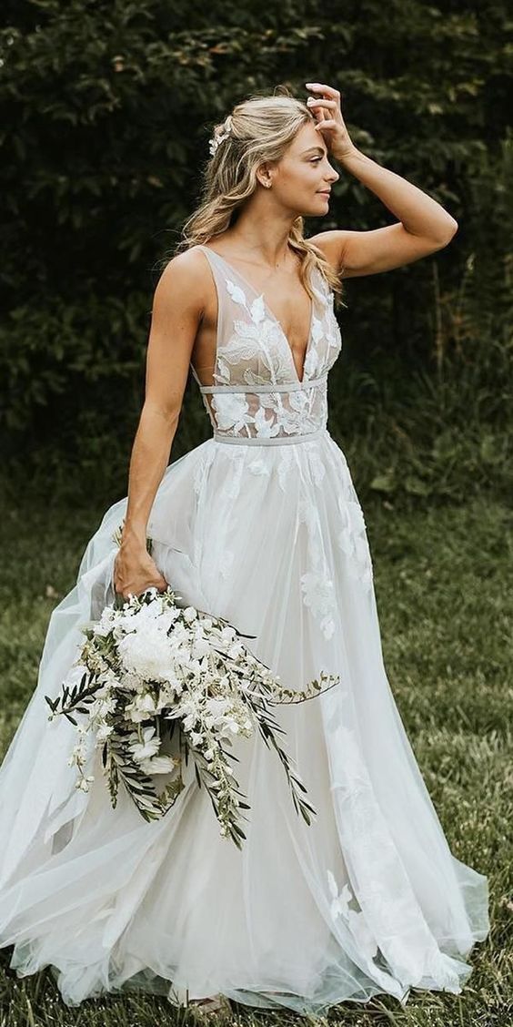 Simple Lace Spaghetti Strap Plus Size A-Line Wedding Dress with Deep  V-Neckline