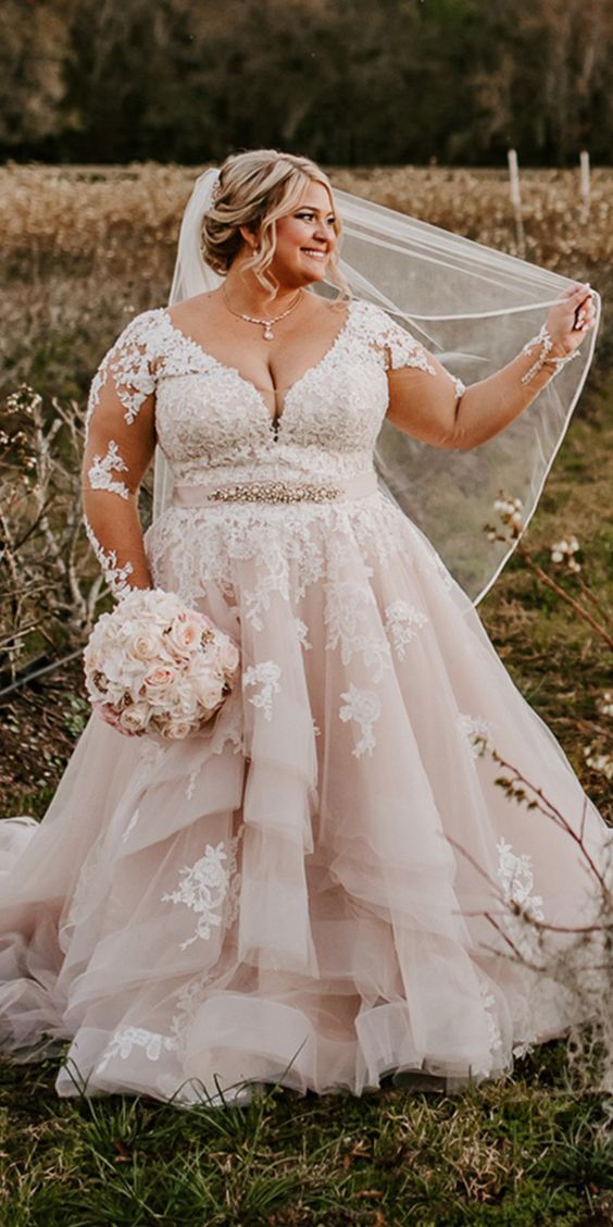 Pretty Lace Top Blush Pink Tulle Wedding Dress Plus Size Long Sleeve V Neck  A Line Floor Length