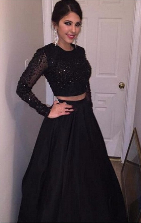Black Two Piece Dress with Long Sleeve Top and Floor Length Skirt