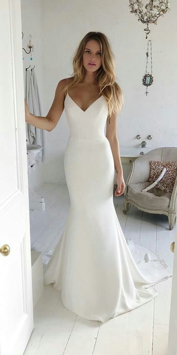 Mermaid V Neck Spaghetti Straps Satin Wedding Dresses with Lace VK23082704  – Vickidress