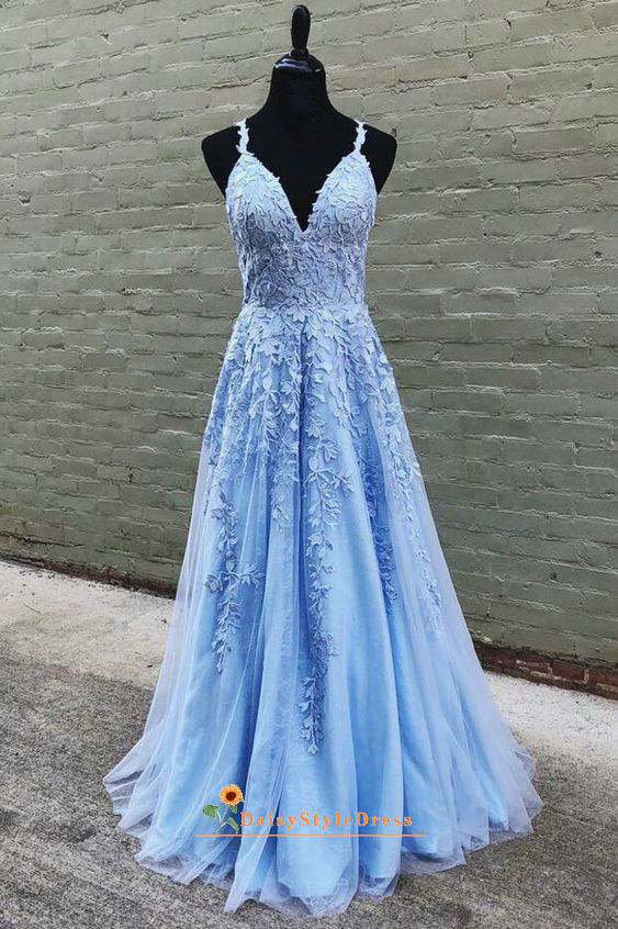 Blue Prom Dress Sleeveless V Neck One Shoulder Sequins Detachable Train  Appliques 3D Lace Side Slit