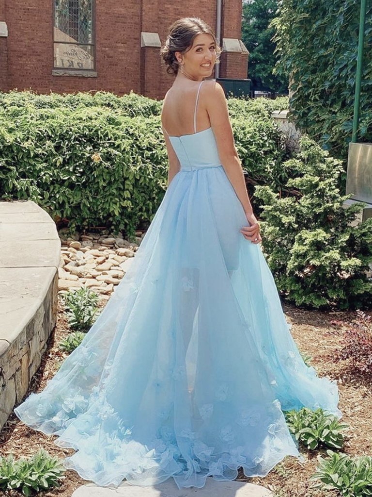 2024 Long Light Blue Prom Dress Backless Floral Lace Formal Evening Dr –  MyChicDress