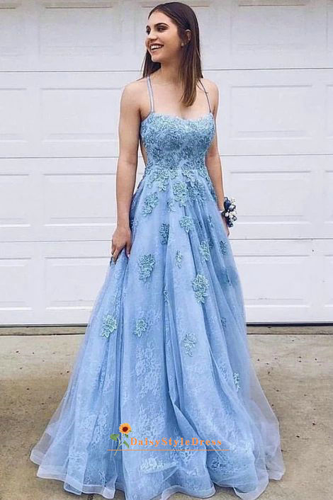 Full Length Blue Lace Prom Dress – daisystyledress