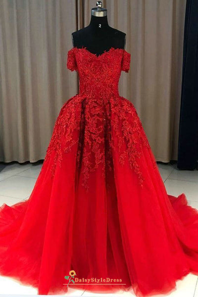 Ball Gown Off Shoulder Sleeve Red Prom Dress – daisystyledress