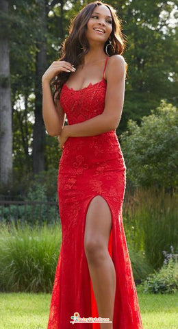 Sexy Slit Fit and Flare Red Lace Prom Dress daisystyledress