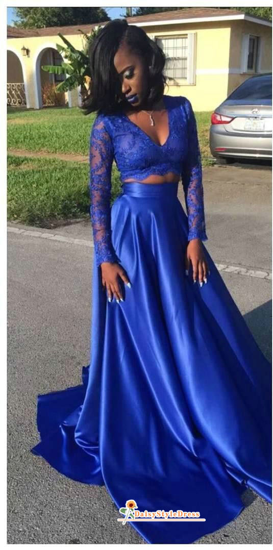 Royal Blue Long Sleeve Two Piece Prom Dress – daisystyledress